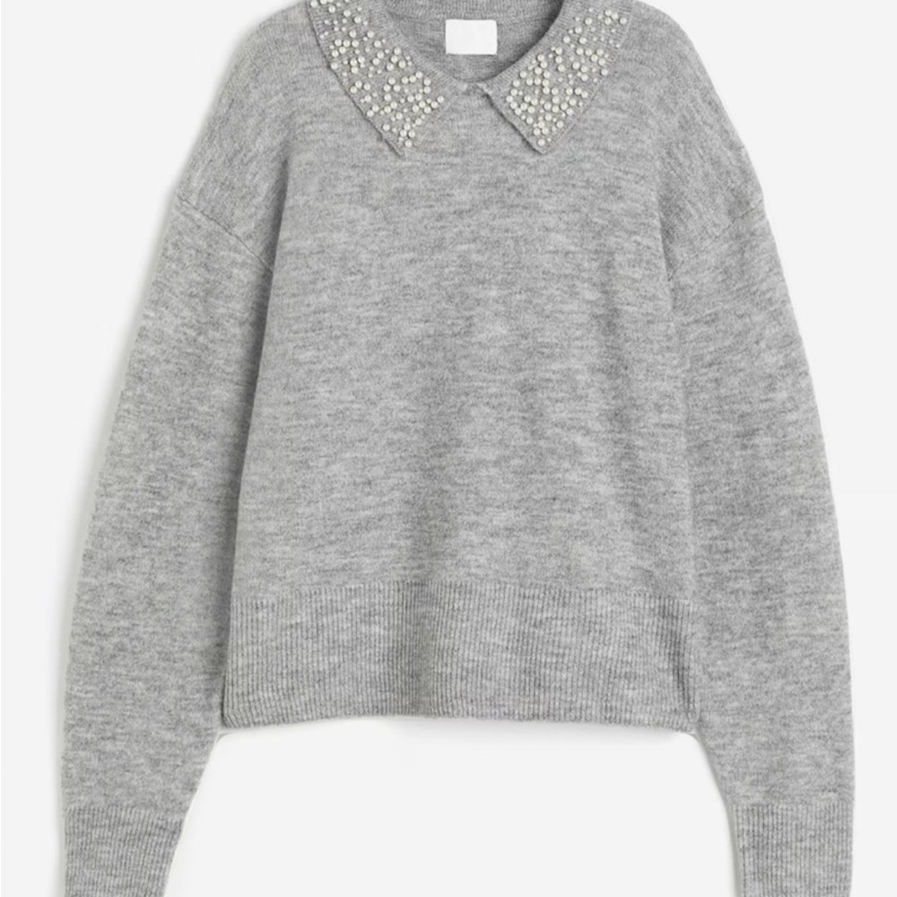Pearl Embellished Gray Women's Sweater